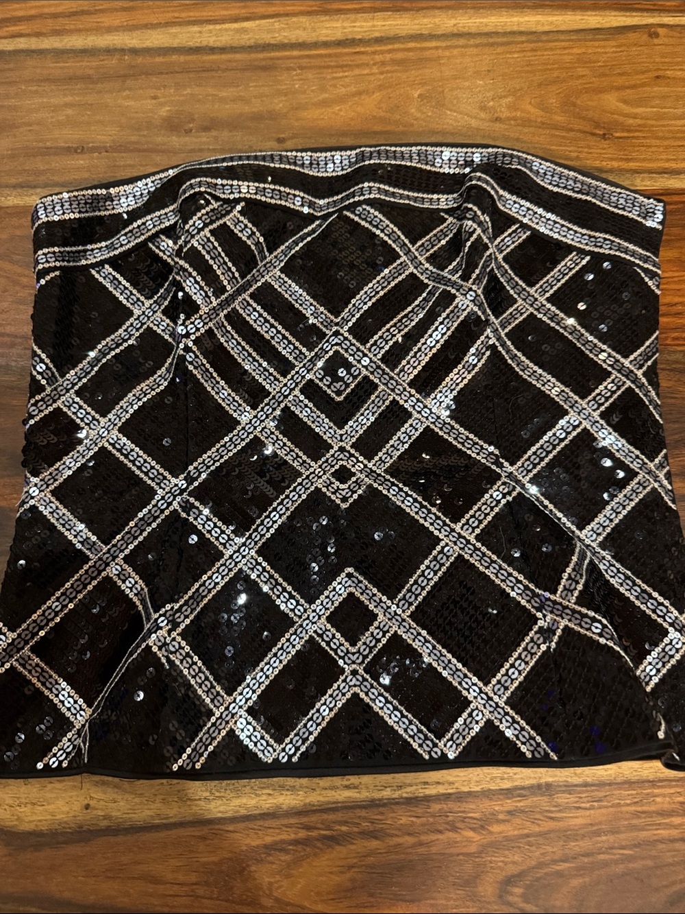 White House Black Market Black Sequin Strapless corset with Silver Detail. Sz 8.